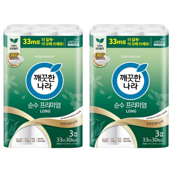 깨끗한나라 3겹 천연펄프 순수 프리미엄 화장지, 30롤, 2개 이미지 1