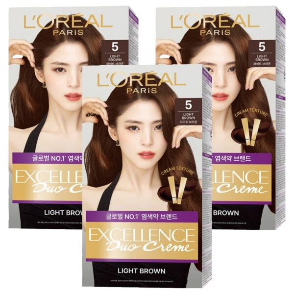 로레알파리 엑셀랑스 듀오크림 염모제, 5호 라이트 브라운, 3개