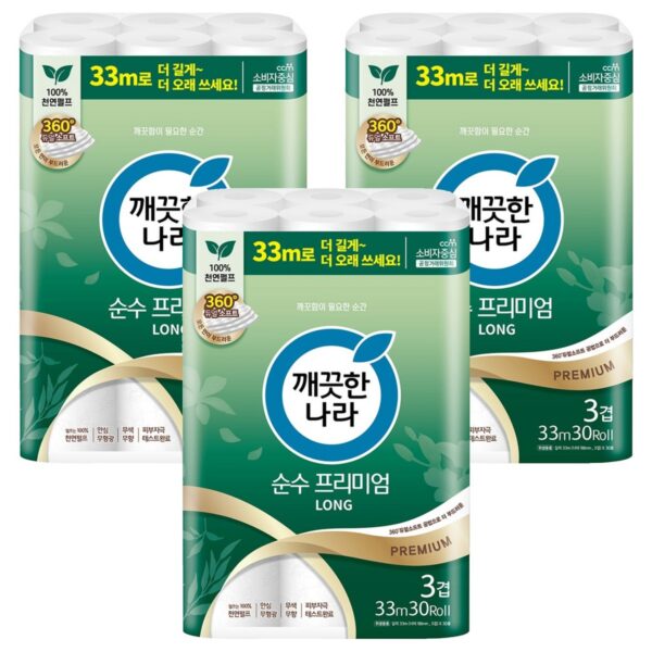 깨끗한나라 3겹 천연펄프 순수 프리미엄 화장지, 30롤, 3개 이미지 1
