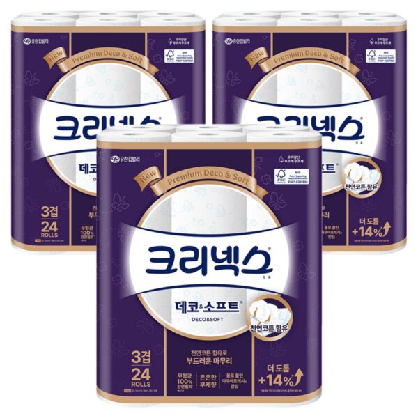 크리넥스 3겹 천연펄프 데코 앤 소프트 화장지, 28m, 24개입, 3개 이미지 1